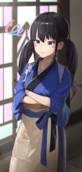 Rule 34 | 1girl, apron, black hair, blue eyes, blue kimono, blurry, blurry background, blush, blush stickers, breasts, closed mouth, crossed arms, feet out of frame, frown, had (had314), highres, indoors, inoue takina, japanese clothes, kimono, long hair, long sleeves, lycoris recoil, small breasts, solo, squiggle, standing, twintails, v-shaped eyebrows, waist apron