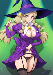 Rule 34 | 1girl, amanogawa kirara, black thighhighs, blonde hair, breasts, brooch, cleavage, clothes lift, covered erect nipples, dress, dress lift, garter belt, garter straps, go! princess precure, grin, hat, jewelry, joy ride, long hair, looking at viewer, panties, precure, purple eyes, smile, solo, star (symbol), star brooch, thighhighs, underwear, wand, witch hat
