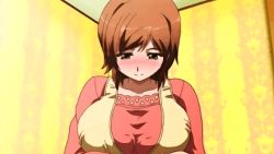 Rule 34 | 10s, 1girl, animated, animated gif, armpits, blush, bouncing breasts, breast press, breasts, brown hair, cleavage, clothes, covered erect nipples, green eyes, huge breasts, large breasts, mayuri (tennen koi-iro alcohol), mature female, navel, nipples, nude, open mouth, plump, screencap, short hair, tennen koi-iro alcohol, undressing