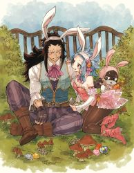 Rule 34 | 1girl, animal ears, bad id, bad tumblr id, black gloves, black hair, black pantyhose, blue hair, blue sky, boots, bow, bowtie, breasts, brown eyes, brown footwear, cat, cleavage, day, detached sleeves, easter, easter egg, egg, eye contact, fairy tail, fake animal ears, fingerless gloves, gajeel redfox, gloves, grin, hairband, hand on another&#039;s shoulder, high heel boots, high heels, highres, holding, leotard, levy mcgarden, long hair, looking at another, mushroom, nail polish, outdoors, pantherlily, pants, pantyhose, pink bow, pink leotard, pink nails, pink neckwear, playboy bunny, purple pants, rabbit ears, rabbit tail, red footwear, rusky, rusky1boy, see-through, sitting, sky, small breasts, smile, striped bow, striped bowtie, striped clothes, striped leotard, striped neckwear, tail, vertical stripes, very long hair, white hairband