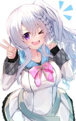 Rule 34 | 1girl, 9-nine-, absurdres, braid, breasts, finger to cheek, grey hair, hair between eyes, hand on own cheek, hand on own face, happy, highres, large breasts, long hair, looking at viewer, niimi sora, nodoameyatou, one eye closed, open mouth, pink ribbon, purple eyes, ribbon, side ponytail, simple background, single braid, skirt, smile, solo, teeth, upper teeth only, v, v-shaped eyebrows, white background, white skirt