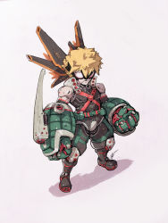 Rule 34 | 1boy, absurdres, bakugou katsuki, blonde hair, boku no hero academia, clenched hands, commentary, eko999, english commentary, explosive, grenade, grey background, highres, looking at viewer, male focus, mask, mechanization, robot, signature, solo, white eyes