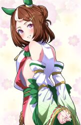 Rule 34 | 1girl, absurdres, animal ears, arms behind back, bare shoulders, blush, breasts, brown hair, commentary request, detached sleeves, dress, ear covers, floral background, grin, hair bun, hair ornament, hairclip, highres, horse ears, looking at viewer, looking back, multicolored hair, nerukichikatafukuma, own hands together, pink eyes, sash, short hair, sleeveless, sleeveless dress, small breasts, smile, solo, streaked hair, tsurumaru tsuyoshi (a smile sent from heaven) (umamusume), tsurumaru tsuyoshi (umamusume), umamusume, upper body, white dress