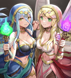 Rule 34 | 2girls, alternate costume, angel wings, azura (fire emblem), bandeau, black background, black bandeau, blonde hair, blue cape, blue hair, blush, breasts, cape, circlet, cleavage, collar, collarbone, commentary request, cowboy shot, crop top, feathered wings, fire emblem, fire emblem: radiant dawn, fire emblem fates, fire emblem heroes, gonzarez, green eyes, grin, hair between eyes, hands up, highres, holding, holding hands, holding torch, large breasts, leanne (fire emblem), long hair, looking at viewer, midriff, multiple girls, navel, nintendo, official alternate costume, parted lips, partial commentary, see-through, sidelocks, single leg pantyhose, smile, standing, thighlet, torch, vambraces, veil, very long hair, waist cape, white cape, white wings, wings, yellow eyes