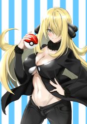 Rule 34 | black coat, black pants, blonde hair, blue background, blush, breasts, cleavage, coat, creatures (company), cynthia (pokemon), fur collar, fur trim, game freak, grey eyes, hair ornament, hair over one eye, hand on own hip, highres, large breasts, long hair, long sleeves, looking at viewer, midriff, navel, nintendo, no shirt, pants, poke ball, poke ball (basic), pokemon, pokemon dppt, rokitiki183, smile, striped, striped background, unbuttoned, underboob, very long hair, white background