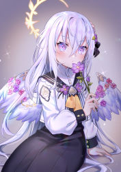 Rule 34 | 1girl, absurdres, arm support, azusa (blue archive), black sailor collar, black skirt, blue archive, blush, closed mouth, commentary request, feathered wings, flower, grey background, hair between eyes, halo, highres, holding, holding flower, jacket, long hair, long sleeves, looking at viewer, low wings, puffy long sleeves, puffy sleeves, purple eyes, purple flower, purple hair, sailor collar, shirt, silver hair, sitting, skirt, solo, sparkle, umishima rinta, very long hair, white jacket, white shirt, white wings, wings