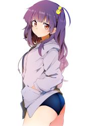 Rule 34 | &gt;:/, 1girl, :/, absurdres, blunt bangs, blush, buruma, closed mouth, cowboy shot, from side, hair ornament, hand in pocket, highres, hood, hoodie, kazenoko, long hair, long sleeves, looking at viewer, looking to the side, one side up, open clothes, open hoodie, original, purple hair, red eyes, simple background, smiley face, solo, v-shaped eyebrows, white background