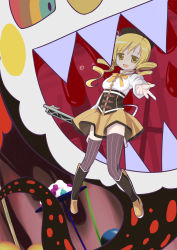 Rule 34 | 10s, 1girl, beret, blonde hair, blood, boots, breasts, brown thighhighs, charlotte (madoka magica), corset, detached sleeves, drill hair, gun, hat, highres, magical girl, magical musket, mahou shoujo madoka magica, mahou shoujo madoka magica (anime), mami mogu mogu, monster, open mouth, outstretched hand, pleated skirt, ribbon, rifle, sharp teeth, shirt, silveroid, skirt, smile, spoilers, striped clothes, striped thighhighs, taut clothes, taut shirt, tears, teeth, thighhighs, tomoe mami, twin drills, twintails, vertical-striped clothes, vertical-striped thighhighs, weapon, yellow eyes, zettai ryouiki