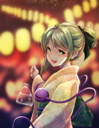 Rule 34 | 1girl, absurdres, alternate costume, alternate hairstyle, bad id, bad pixiv id, bag, bagged fish, blurry, blurry background, commentary request, festival, fish, floral print, green eyes, green hair, highres, holding, japanese clothes, kimono, komeiji koishi, long hair, looking at viewer, nekomiyanono, no headwear, no headwear, obi, open mouth, ponytail, sash, smile, solo, third eye, touhou, upper body