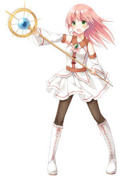 Rule 34 | 1girl, bare shoulders, belt, black pantyhose, boots, cross-laced footwear, detached sleeves, full body, green eyes, hair ornament, holding, holding staff, legs apart, long hair, looking at viewer, open mouth, original, pantyhose, pink hair, simple background, solo, staff, standing, white background, white footwear, wide sleeves, wind, x hair ornament, yon (letter)