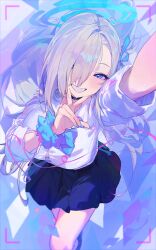 Rule 34 | 1girl, absurdres, asuna (blue archive), blue archive, blue eyes, blush, breasts, choker, from above, grin, hair over one eye, hair ribbon, halo, heart, highres, ikky, large breasts, long hair, looking at viewer, nail polish, pleated skirt, ribbon, scrunchie, selfie, shirt, skirt, smile, solo, teeth, v, viewfinder, white shirt, wrist scrunchie