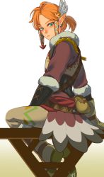 Rule 34 | 1boy, absurdres, arm support, bad id, bad pixiv id, bag, bird tail, blonde hair, blush, boots, brown footwear, brown pants, commentary request, earrings, feather hair ornament, feathers, from behind, from side, fur trim, green eyes, hair ornament, highres, ivy (sena0119), jewelry, link, looking at viewer, looking back, male focus, nintendo, pants, parted lips, pointy ears, ponytail, short ponytail, sitting, snowquill set (zelda), solo, sweater, tail, the legend of zelda, the legend of zelda: breath of the wild, white background