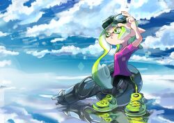 Rule 34 | 1girl, :/, arm up, asymmetrical hair, blue sky, closed mouth, cloud, day, full body, goggles, goggles on head, green eyes, green hair, inkling, inkling girl, inkling player character, koike3582, legs apart, long hair, nautilus (splatoon), nintendo, outdoors, pink shirt, reflection, reflective water, salt flats, shirt, shoes, short sleeves, single vertical stripe, sky, solo, splatoon (series), standing, suction cups, tentacle hair, very long hair