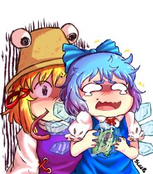 Rule 34 | 2girls, animal ears, artist name, black eyes, blonde hair, blue bow, blue dress, blue hair, blush, bow, brown headwear, cirno, closed mouth, dress, frog, hair between eyes, hair ornament, hands up, hat, highres, ice, ice wings, long sleeves, looking at another, moriya suwako, multiple girls, open mouth, puffy short sleeves, puffy sleeves, purple dress, scared, shaded face, shirt, short hair, short sleeves, sleep (isliping), smile, tongue, tongue out, touhou, white eyes, white shirt, wide sleeves, wings