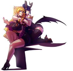 Rule 34 | absurdres, ahri (league of legends), ahri (league of legends) (cosplay), blonde hair, blue hair, breasts, commentary, cosmikaizer, cosplay, demon girl, demon horns, demon wings, english commentary, evelynn (league of legends), highres, horns, hug, hug from behind, k/da (league of legends), k/da ahri, k/da ahri (cosplay), k/da evelynn, k/da evelynn (cosplay), lana (cosmikaizer), lana branford (cosmikaizer), large breasts, looking to the side, melody goetia (cosmikaizer), original, purple eyes, thick thighs, thighhighs, thighs, twintails, uneven twintails, white background, wings, yellow eyes