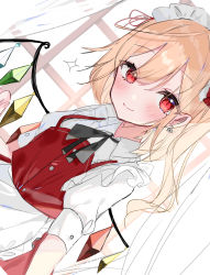 Rule 34 | alternate costume, apron, black ribbon, blonde hair, blush, closed mouth, crystal, curtains, dutch angle, earrings, enmaided, flandre scarlet, highres, jewelry, looking at viewer, maid, maid headdress, medium hair, neck ribbon, one side up, red eyes, red vest, ribbon, shirt, smile, solo, touhou, upper body, vest, white apron, white shirt, window, wings, yumeno ruruka
