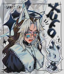 1girl absurdres animal_ears artist_name black_halo brown_hair cat_ears cat_girl glasses halo highres jewelry looking_at_viewer multicolored_hair necklace open_mouth original round_eyewear sainttufa sin_(sainttufa) sticker teeth two-tone_hair upper_body upper_teeth_only white_hair