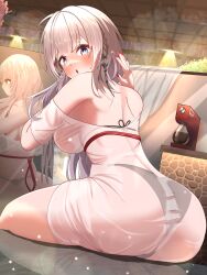 Rule 34 | 1girl, :o, absurdres, ass, azur lane, bikini, bikini under clothes, black bikini, blue eyes, blunt bangs, blush, breasts, coffee maker, earrings, from behind, highres, indoors, jewelry, large breasts, long hair, looking at viewer, looking back, mainz (azur lane), mainz (the silkiest brew) (azur lane), mirror, o-ring, o-ring bikini, official alternate costume, red nails, reflection, riflech, see-through, see-through shirt, sitting, solo, swimsuit, swimsuit under clothes, thighs, very long hair, white hair