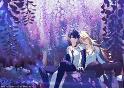 Rule 34 | 2boys, black hair, black pants, blue nails, boots, copyright name, earrings, elbow gloves, closed eyes, flower, gloves, hair ornament, holding hands, highres, jewelry, lazaro (pixiv fantasia age of starlight), long hair, long sleeves, multiple boys, nail polish, necklace, outdoors, pants, peili (pixiv fantasia age of starlight), pixiv fantasia, pixiv fantasia age of starlight, purple eyes, rezia, sitting, wisteria, yaoi