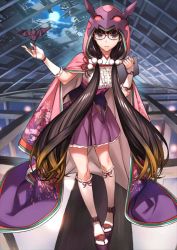 Rule 34 | 1girl, :&gt;, bat (animal), black hair, brown hair, fate/grand order, fate (series), fingerless gloves, floral print, gloves, gradient hair, hair bobbles, hair ornament, holding, hole, hole in ceiling, hood, hoodie, long hair, looking at viewer, low twintails, moriyama daisuke, multicolored hair, osakabehime (fate), red eyes, ribbon trim, sandals, socks, solo, standing, tablet pc, twintails, very long hair, white socks