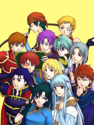 Rule 34 | 3girls, 6+boys, :d, ;), angry, aqua hair, armor, artist request, asymmetrical bangs, bandana, blonde hair, blue eyes, blue hair, book, bow (weapon), breasts, canas, cape, clenched teeth, closed eyes, closed mouth, earrings, elbow gloves, eliwood (fire emblem), everyone, fingerless gloves, fire emblem, fire emblem: the blazing blade, friends, gloves, grabbing another&#039;s chin, green eyes, green hair, grey hair, happy, hector (fire emblem), highres, jewelry, kent (fire emblem), knight, laughing, looking at another, looking at viewer, looking back, lucius (fire emblem), lyn (fire emblem), medium breasts, monk, monocle, multiple boys, multiple girls, nils, ninian, nintendo, one eye closed, open book, open mouth, orange hair, parted bangs, pent, ponytail, purple eyes, purple hair, rath, raven (fire emblem), reading, red eyes, scar, serious, simple background, smile, teeth, upper body, vaida (fire emblem), weapon, wink, yellow background