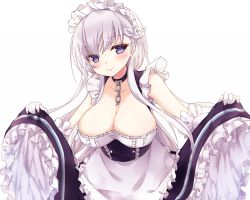 Rule 34 | 1girl, apron, azur lane, belfast (azur lane), blue eyes, blush, braid, breasts, chain, cleavage, clothes lift, collar, collarbone, commentary request, corset, dress, elbow gloves, french braid, frilled dress, frills, gloves, kida mochi, large breasts, long hair, looking at viewer, maid, maid apron, maid headdress, purple eyes, silver hair, skirt, skirt lift, sleeveless, sleeveless dress, smile, solo, waist apron, white apron, white gloves