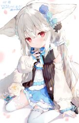Rule 34 | animal ear fluff, animal ears, ascot, asymmetrical legwear, bare shoulders, bell, black footwear, blue bow, blue dress, blue ribbon, bow, bowtie, braid, child, collar, collared dress, commission, detached sleeves, dress, flower, fox ears, fox girl, fox tail, frilled collar, frilled dress, frilled sleeves, frills, full body, hair between eyes, hair ornament, hair scrunchie, hand on floor, hand on own neck, head tilt, highres, large ears, large tail, layered dress, long hair, long sleeves, low twintails, mismatched legwear, on floor, open hand, original, outstretched hand, puffy long sleeves, puffy sleeves, red eyes, ribbon, sakurada shiro (hy plus), sakurada shiro (original) (hy plus), sash, scrunchie, short dress, side braid, sitting, skeb commission, sleeveless, sleeveless dress, sleeves past wrists, smile, solo, tail, thank you, thighhighs, toufu mentaru zabuton, twintails, vertical-striped sash, very long hair, wariza, white ascot, white dress, white flower, white hair, white thighhighs