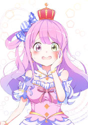 Rule 34 | 1girl, absurdres, blush, breasts, candy hair ornament, commentary request, crown, crying, detached collar, dress, food-themed hair ornament, frilled dress, frills, fumi (fumibeing), gradient hair, green eyes, hair ornament, hair rings, hand on own cheek, hand on own face, heterochromia, highres, himemori luna, himemori luna (1st costume), hololive, long hair, looking at viewer, medium breasts, multicolored hair, off-shoulder dress, off shoulder, one side up, pink dress, pink hair, princess, puffy short sleeves, puffy sleeves, purple eyes, purple hair, short sleeves, solo, swept bangs, upper body, virtual youtuber, wavy hair