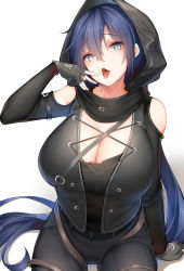Rule 34 | 1girl, absurdres, bare shoulders, black gloves, blue hair, blush, breasts, chixiao, cleavage, fingerless gloves, gloves, green eyes, highres, hood, large breasts, long hair, looking at viewer, low ponytail, maplestory, open mouth, pants, pathfinder (maplestory), scarf, solo, tongue, tongue out