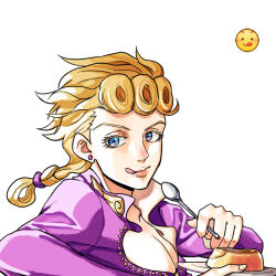 Rule 34 | 1boy, blonde hair, blue eyes, braid, food, giorno giovanna, highres, jojo no kimyou na bouken, killerohan, licking lips, male focus, pectoral cleavage, pectorals, pudding, solo, spoon, tongue, tongue out, vento aureo, wing ornament