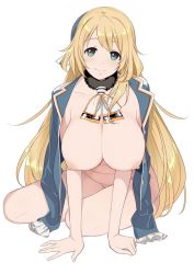 Rule 34 | 10s, 1girl, atago (kancolle), bad id, bad twitter id, blonde hair, blush, breasts, green eyes, hat, jpeg artifacts, kantai collection, large breasts, long hair, looking at viewer, nipples, nude, personification, plump, shinjiro, simple background, smile, solo, white background