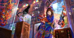 Rule 34 | 1girl, album cover, animal, black cat, blue eyes, blue kimono, blunt bangs, book, brown hair, cat, colorful, commentary request, corset, cover, cup, display case, flower, from below, fuzichoco, holding, hydrangea, indoors, instrument, japanese clothes, kimono, library, long hair, looking at viewer, open book, original, print kimono, red flower, rose, saucer, scenery, smile, solo, standing, teacup, violin, wide shot, yukata