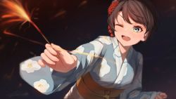 Rule 34 | 1girl, black hair, blue eyes, blue kimono, commentary request, fireworks, floral print, highres, holding fireworks, hololive, japanese clothes, kanoe (tatsukanoe), kimono, obi, one eye closed, oozora subaru, open mouth, outstretched arm, print kimono, sash, short hair, signature, solo, sparkler, summer, teeth, upper body, upper teeth only, virtual youtuber, wide sleeves, yellow sash