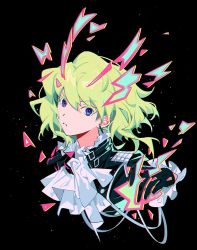 Rule 34 | black background, blue eyes, earrings, gloves, green hair, jewelry, lio fotia, looking at viewer, promare, simple background, solo, ttk211