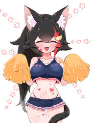 Rule 34 | 1girl, alternate costume, animal ear fluff, animal ears, bare shoulders, black hair, blush, breasts, cheerleader, closed eyes, collarbone, colored tips, cowboy shot, crop top, crop top overhang, crossed bangs, curvy, english text, floral background, grey hair, groin, hair between eyes, hands up, heart, highleg, highleg panties, highres, hololive, kani bonara, large breasts, long hair, lowleg, lowleg skirt, midriff, miniskirt, multicolored hair, navel, no bra, ookami mio, open mouth, panties, panty straps, pleated skirt, pom pom (cheerleading), ponytail, red hair, see-through, simple background, skindentation, skirt, smile, solo, star (symbol), sticker, straight-on, streaked hair, sweatdrop, tail, tail around own leg, thigh gap, underwear, v-neck, very long hair, virtual youtuber, white hair, wide ponytail, wolf ears, wolf girl, wolf tail