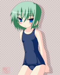Rule 34 | 00s, 1girl, bare shoulders, blue eyes, blush, blush stickers, breasts, closed mouth, female focus, green hair, iwasaki minami, legs, lucky star, medium hair, neopure, one-piece swimsuit, school swimsuit, small breasts, solo, standing, swimsuit