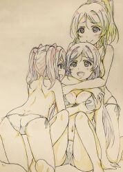 Rule 34 | 10s, 3girls, ass, ayase eli, barefoot, bikini, black hair, blonde hair, blue eyes, blush, grabbing another&#039;s breast, breasts, butt crack, cameltoe, cleavage, cleft of venus, color trace, dimples of venus, feet, feet out of frame, front-tie top, grabbing, graphite (medium), green eyes, grin, groping, hair ornament, highres, kneeling, kotokoto (jumon), large breasts, long hair, looking at another, love live!, love live! school idol project, multiple girls, navel, open mouth, panties, purple hair, sitting, small breasts, smile, spread legs, swimsuit, teeth, topless, tojo nozomi, traditional media, twintails, underboob, underwear, yazawa nico, yuri