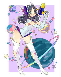 Rule 34 | 1girl, aano (10bit), aono miki, aono miki (cosplay), arm warmers, blue eyes, blue hair, boots, cosplay, crossover, cure berry, cure berry (cosplay), detached sleeves, energy gun, fresh precure!, gloves, gun, hair ornament, happy, heart, heartcatch precure!, high heel boots, high heels, kurumi erika, laser rifle, leotard, long hair, looking at viewer, matching hair/eyes, official alternate costume, precure, smile, solo, thigh boots, thighhighs, wavy hair, weapon