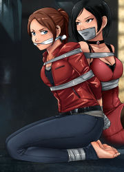Rule 34 | 2girls, absurdres, ada wong, black hair, blue eyes, bound, bound ankles, bound torso, bound wrists, breasts, brown eyes, brown hair, capcom, choker, claire redfield, cleavage, cleave gag, cloth gag, dress, earrings, gag, gagged, highres, improvised gag, jewelry, legs, lost one zero, medium breasts, multiple girls, red dress, resident evil, resident evil 2, seiza, shirt, shorts, sitting, sweat, tape, tape gag, thighs, variant set