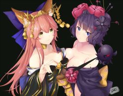 Rule 34 | 1other, 2girls, animal ear fluff, animal ears, bare shoulders, bell, black background, black kimono, blue eyes, blue kimono, blush, breast press, breasts, cleavage, collarbone, eye contact, fate/grand order, fate (series), fox ears, fox girl, fox shadow puppet, fox tail, hair bun, hair ornament, hairpin, highres, ink, japanese clothes, katsushika hokusai (fate), kimono, large breasts, long hair, looking at another, multiple girls, octopus, off shoulder, official alternate costume, pink hair, simple background, single hair bun, symmetrical docking, tail, tamamo (fate), tamamo no mae (fate/extra), tamamo no mae (third ascension) (fate), tokitarou (fate), uc-sama, yellow eyes