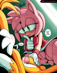 Rule 34 | 1boy, 1girl, 2018, amy rose, animal, animal ears, argento, ass, bare shoulders, blush, bottomless, breasts squeezed together, breasts, butt crack, cleft of venus, clitoral hood, clitoris, clothed female nude male, colored skin, completely nude, covered erect nipples, cum, cum on body, cum on self, cum on stomach, cumdrip, dress, ejaculation, erection, eye contact, faceless, faceless male, femdom, finger to mouth, furry, girl on top, gloves, gluteal fold, green eyes, hairband, happy, headband, hedgehog, highres, penis grab, imminent penetration, looking at another, medium breasts, medium penis, multicolored fur, multicolored skin, nipples, no bra, no panties, no pants, nude, open mouth, partially undressed, penis, penis grab, pink fur, pink skin, pussy, red dress, red headband, rubbing, seductive smile, sexually suggestive, sitting, skirt, smile, sonic (series), sonic (series), speech bubble, spiked hair, squatting, tail, tails (sonic), talking, teasing, testicles, thick thighs, thighs, third-party edit, two-tone fur, two-tone skin, uncensored, video game, white gloves, wrist cuffs, yellow fur