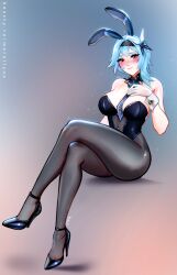 Rule 34 | alternate costume, animal ears, artist name, bare shoulders, between breasts, black footwear, black hairband, blue hair, blue necktie, blush, boosty username, breasts, brown eyes, closed mouth, commentary, commission, crossed legs, detached collar, english commentary, eula (genshin impact), fake animal ears, full body, genshin impact, gloves, gradient background, grey pantyhose, hair ornament, hairband, high heels, highres, invisible chair, leotard, looking at viewer, medium breasts, medium hair, merellyne, necktie, necktie between breasts, nose blush, pantyhose, playboy bunny, rabbit ears, signature, simple background, sitting, white gloves
