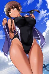 Rule 34 | 1girl, absurdres, black hair, black one-piece swimsuit, blue jacket, blue sky, breasts, brown eyes, chain-link fence, cloud, commentary request, competition swimsuit, cowboy shot, day, dutch angle, fence, from below, highleg, highleg swimsuit, highres, jacket, jovejun, large breasts, looking at viewer, one-piece swimsuit, original, outdoors, short hair, short hair with long locks, sidelocks, sky, solo, standing, stopwatch, stopwatch around neck, swimsuit, thigh gap