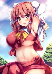 Rule 34 | 1girl, :d, armpits, arms up, blush, bow, bowtie, braid, breasts, brown eyes, brown hair, bun cover, chain, commentary request, commission, cosplay, day, double bun, groin, hair between eyes, hair bun, hair tubes, hakurei reimu, hakurei reimu (cosplay), ibaraki kasen, large breasts, long hair, midriff, navel, open mouth, outdoors, ryokushiki (midori-ya), sidelocks, skeb commission, sky, smile, solo, touhou, twin braids, underboob, yellow bow, yellow bowtie