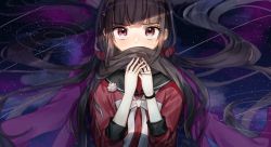 Rule 34 | 1girl, black hair, black sailor collar, blunt bangs, blush, brown hair, commentary request, covering own mouth, danganronpa (series), danganronpa v3: killing harmony, floating hair, hair ornament, hair over mouth, hair scrunchie, harukawa maki, highres, holding, holding own hair, jacket, jacket on shoulders, long hair, long sleeves, looking at viewer, low twintails, mdr (mdrmdr1003), mole, mole under eye, own hands together, pink jacket, red eyes, red scrunchie, red shirt, sailor collar, school uniform, scrunchie, serafuku, shirt, skirt, solo, star (symbol), starry background, twintails, upper body