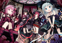 Rule 34 | 4girls, alternate costume, animal ears, aqua eyes, arm cannon, ass, black dress, black flower, black hair, black rose, black shirt, blood, blood splatter, blood on clothes, braid, cat ears, cat tail, chair, collarbone, colorized, curtains, detached sleeves, dress, extra ears, eyeball, feathered wings, flower, frilled dress, frilled sleeves, frills, from below, givuchoko, gothic lolita, green hair, hair between eyes, hair ribbon, hairband, hat, hat ribbon, heart, heart-shaped pupils, holding, holding knife, holding weapon, indoors, jewelry, jpeg artifacts, kaenbyou rin, knife, komeiji koishi, komeiji satori, leaning forward, light smile, lolita fashion, lolita hairband, long hair, looking at viewer, md5 mismatch, messy hair, miniskirt, multiple girls, multiple tails, off-shoulder dress, off-shoulder shirt, off shoulder, pendant, pink eyes, pink hair, plaid, plaid skirt, puffy short sleeves, puffy sleeves, purple dress, purple flower, purple rose, red eyes, red hair, reiuji utsuho, ribbon, rose, shirt, short hair, short sleeves, sitting, skirt, standing, symbol-shaped pupils, tail, thighs, third eye, touhou, twin braids, twintails, weapon, wide sleeves, wings, yandere