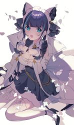 Rule 34 | 1girl, absurdres, animal ears, azur lane, bad id, bad pixiv id, black footwear, black hair, blue eyes, blue hair, bow, breasts, cat ears, cheshire (azur lane), cleavage, commentary request, crescent, crescent hair ornament, dress, earrings, falling petals, fang, frills, from above, hair bow, hair ornament, highres, jewelry, large breasts, looking at viewer, maid, maid headdress, myao (o3o333), open mouth, petals, shoes, simple background, sitting, skin fang, solo, thighhighs, white background, white thighhighs, wrist cuffs