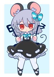 Rule 34 | 1girl, animal ears, black footwear, black skirt, blue bow, blue bowtie, bow, bowtie, dowsing rod, grey hair, highres, long sleeves, mouse ears, mouse girl, mouse tail, nazrin, op na yarou, pantyhose, red eyes, shirt, short hair, skirt, solo, suspender skirt, suspenders, tail, touhou, white pantyhose, white shirt