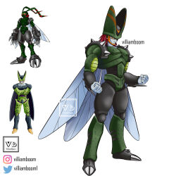 Rule 34 | absurdres, cell (dragon ball), digimon, digimon (creature), dragon ball, fusion, highres, looking at viewer, simple background, stingmon, white background, wings