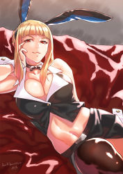 Rule 34 | 1girl, animal ears, arm behind back, bare shoulders, black legwear, blonde hair, breasts, cleavage, commentary request, cuffs, gloves, hamushima, long hair, looking at viewer, lying, magical grim, medium breasts, midriff, navel, on side, original, rabbit ears, red eyes, signature, smile, smirk, solo